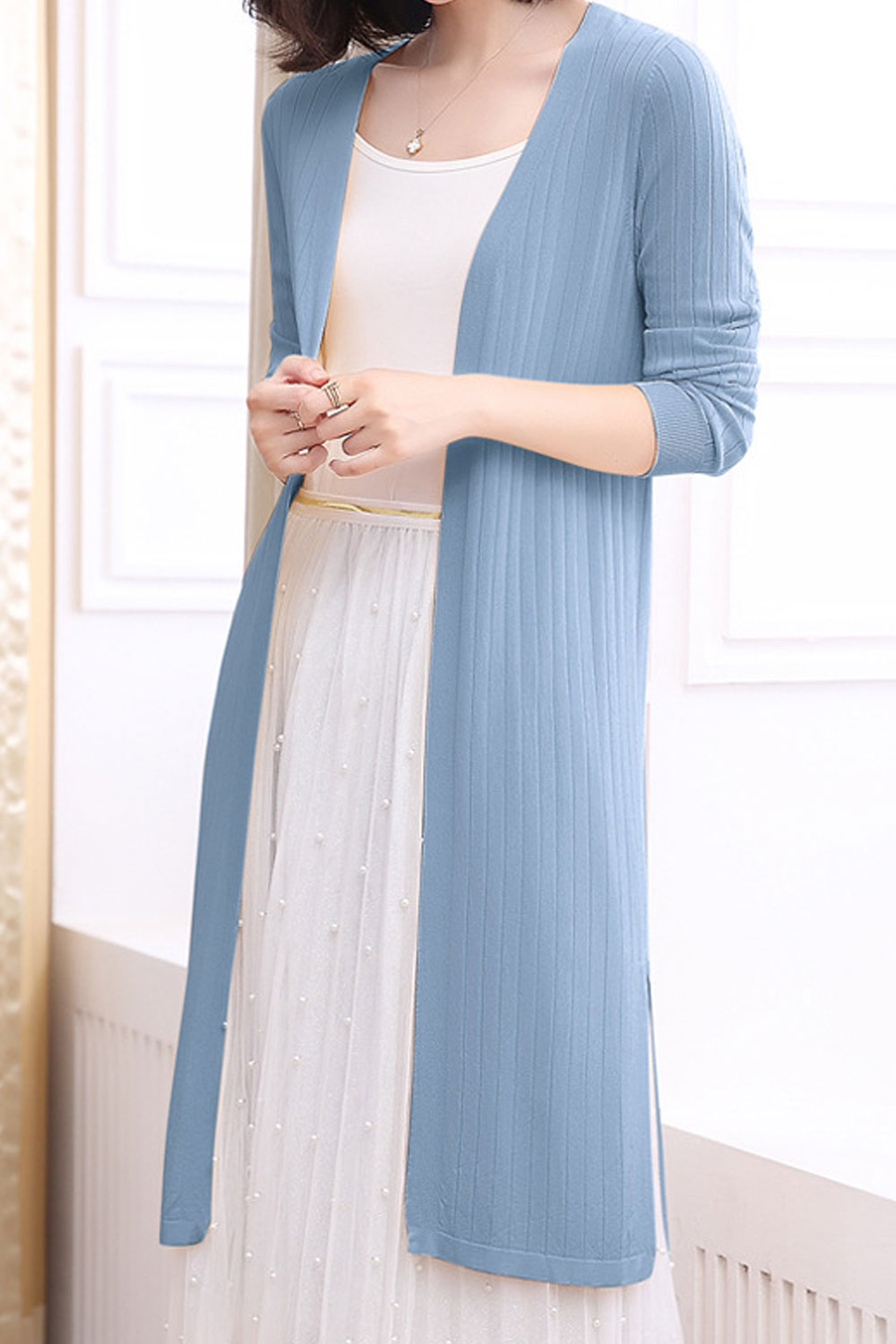 KettyMore Women V-Neck Long Sleeve Mid Length Comfortable Relax Fit Alluring Solid Colored Front Open Elegant Cardigan, Blue