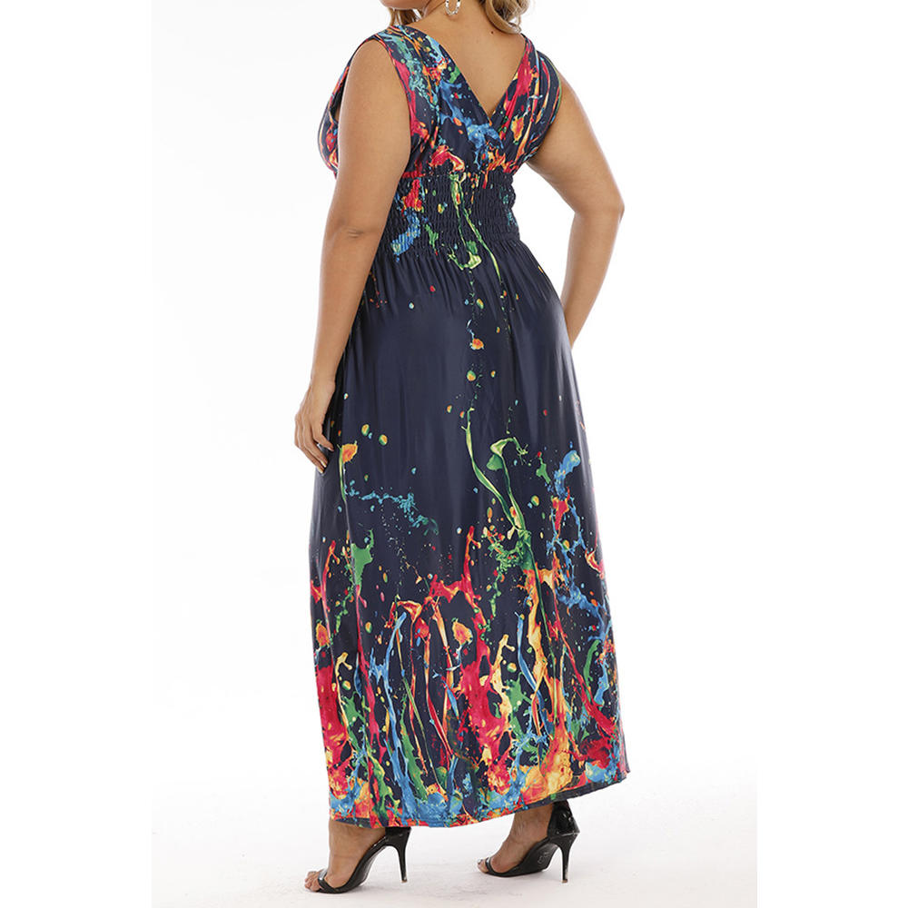 KettyMore Women Tremendous V-Neck Sleeveless Fashionable Grafitti Pattern Long Length Classy Lightweight Dress