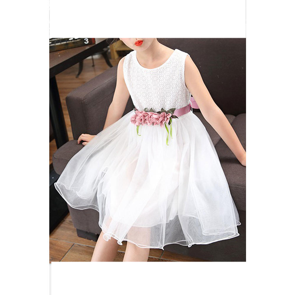 Unomatch Kids Girls Sleeveless Flower Decorated Waist Round Neck Solid Colored Dress
