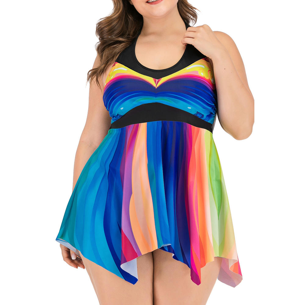 Ketty More Women Comfy Round Neck Colorful Stripe Pattern Trendy Soft Swimwear