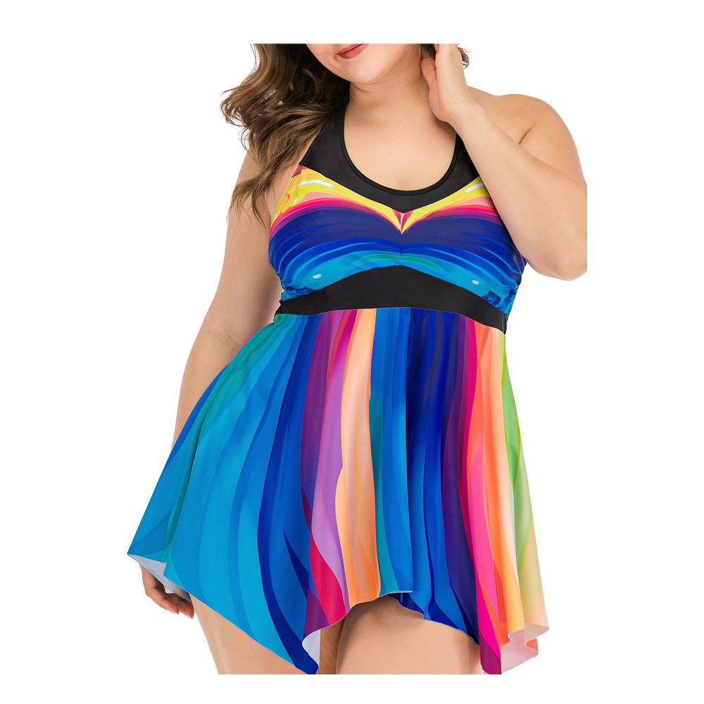 Ketty More Women Comfy Round Neck Colorful Stripe Pattern Trendy Soft Swimwear