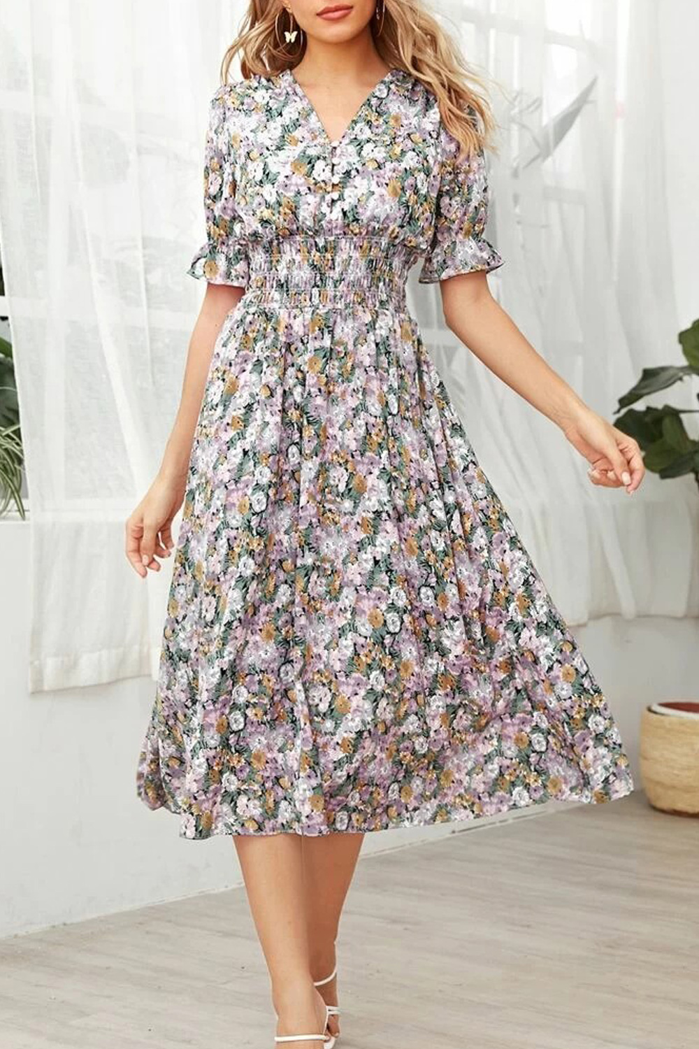 knee length dresses for ladies Long Lace Bodice Dress With Short Sleeves main image 1