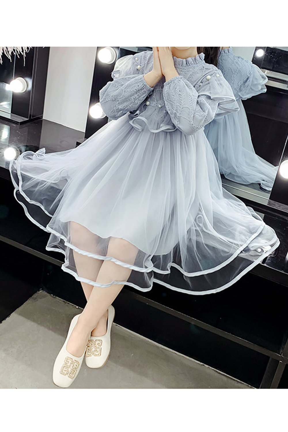KettyMore Kids Girls Stylish Lace Pattern Long Sleeve Easy Round Neck Summer Party Dress, Pink