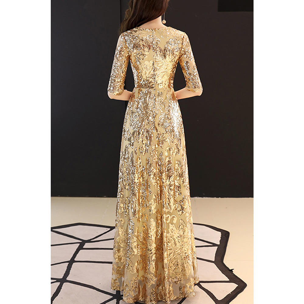 KettyMore Women Half Sleeve V-Neck Style Shiny Embroidered Wedding Dress