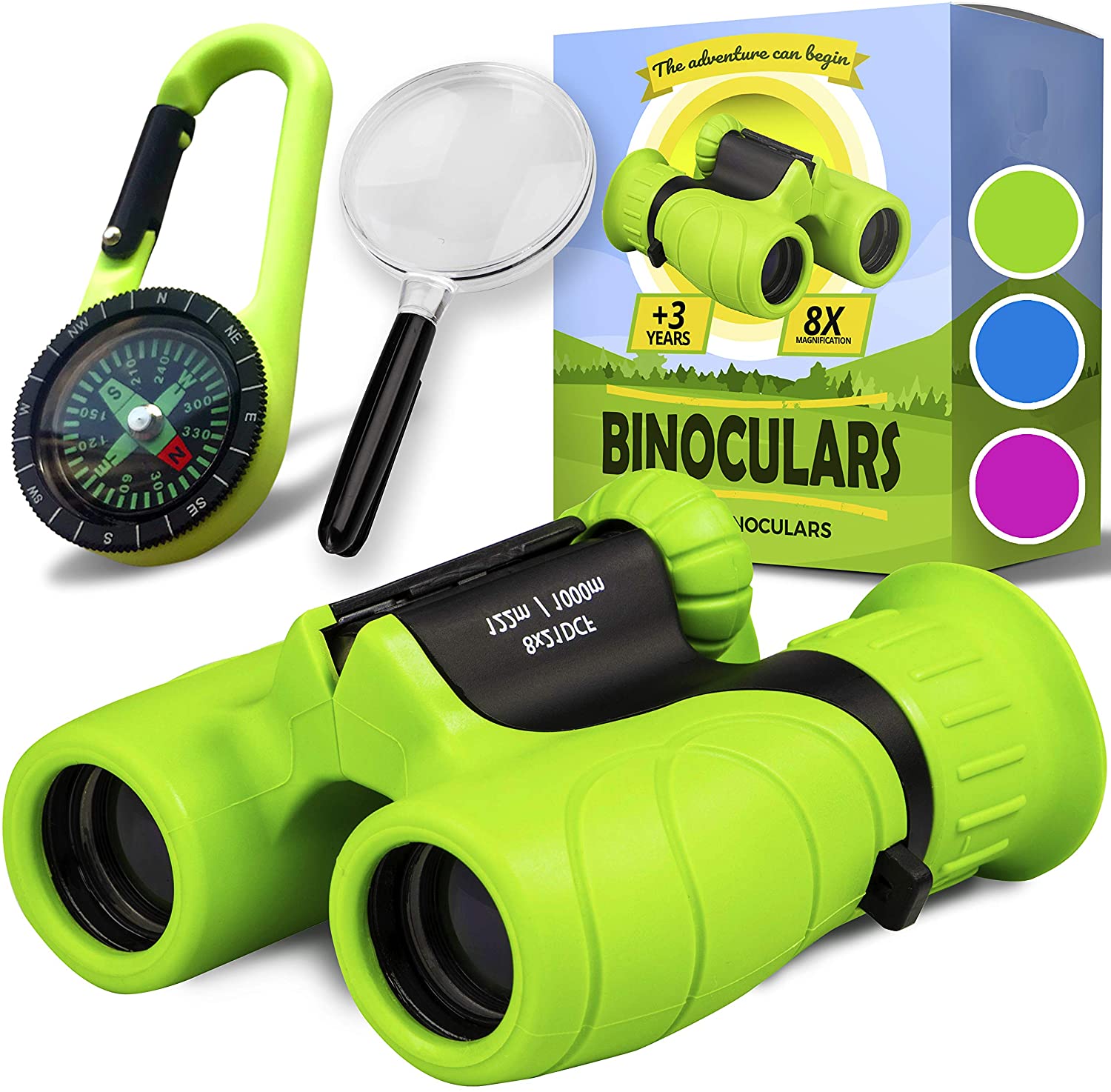 Promora Binoculars for Kids, Set with Magnifying Glass & Compass (Green)-  Easter Toys, Kids Binoculars for 3-12 Years Boys and Girls