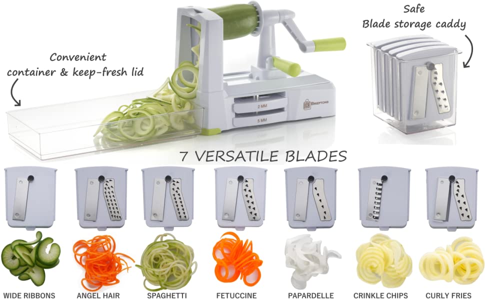 Brieftons 5-Blade Spiralizer (BR-5B-02): Strongest-and-Heaviest Duty Vegetable  Spiral Slicer, Best Veggie Pasta