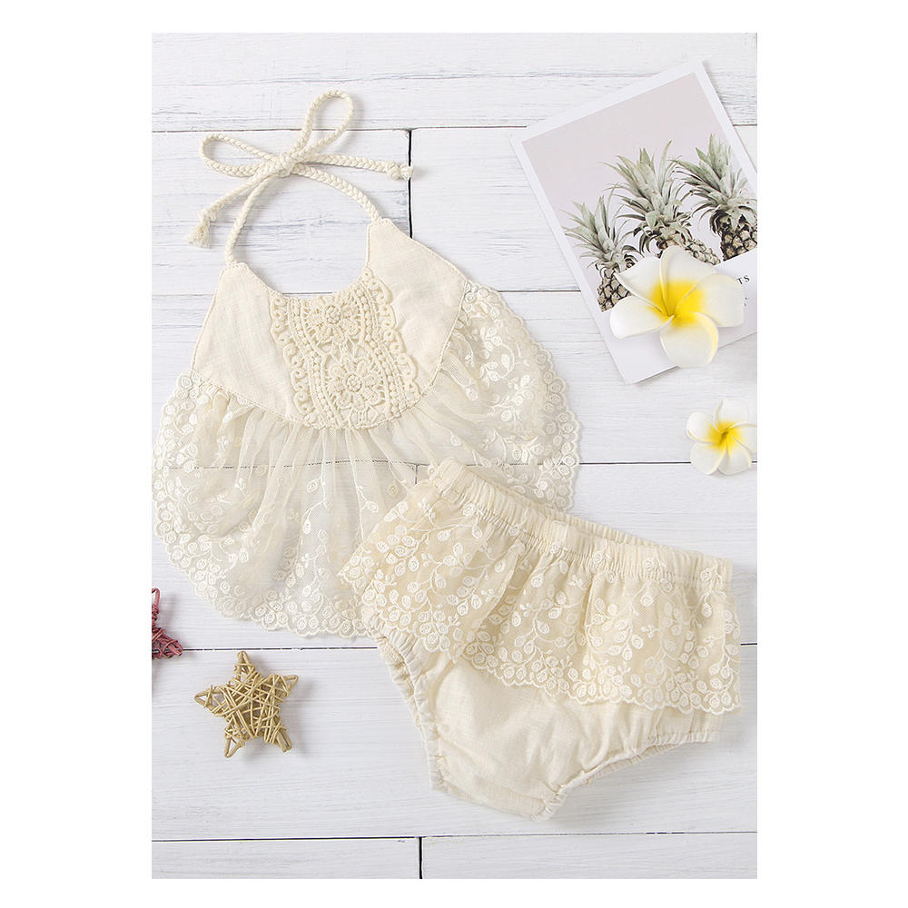 Ketty More Baby Girls Two Piece Strap Neck Lace Embroidery Cute Romper