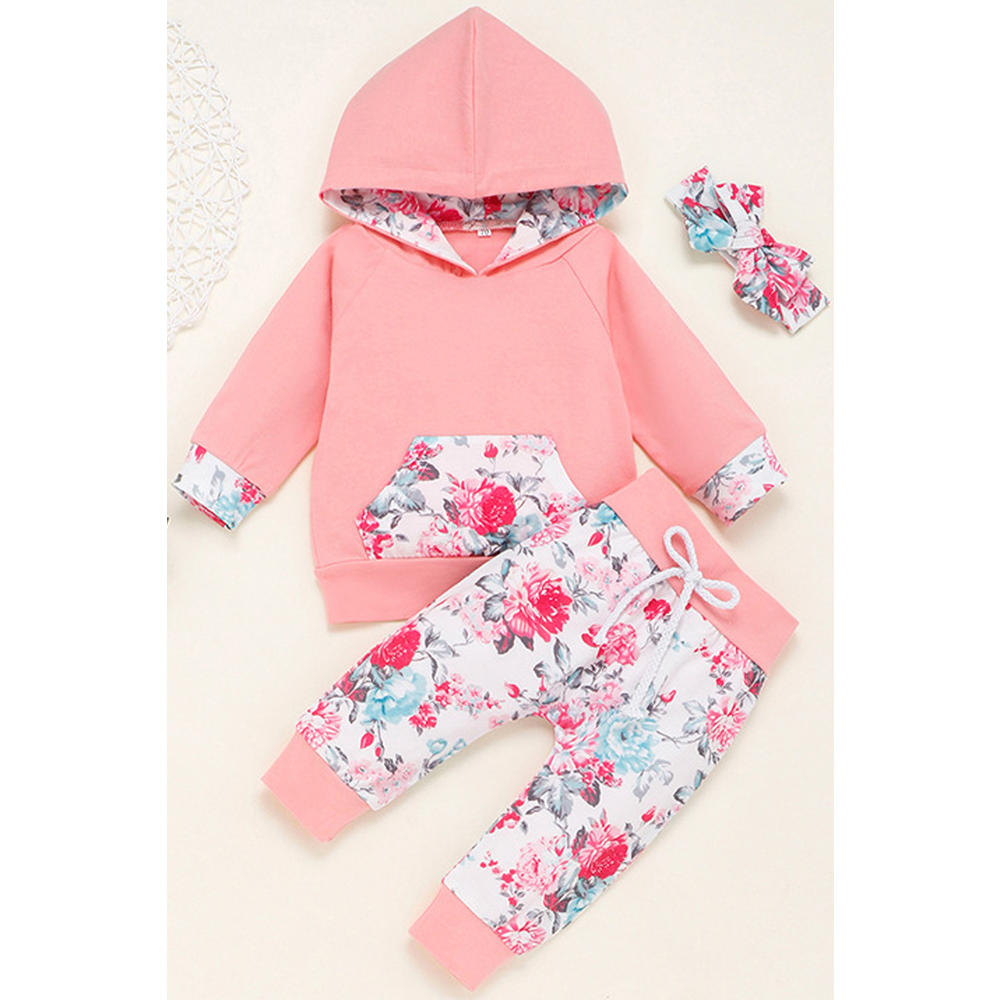KettyMore Baby Girls New Flower Printed Hooded Long-Sleeved Trouser Outfit