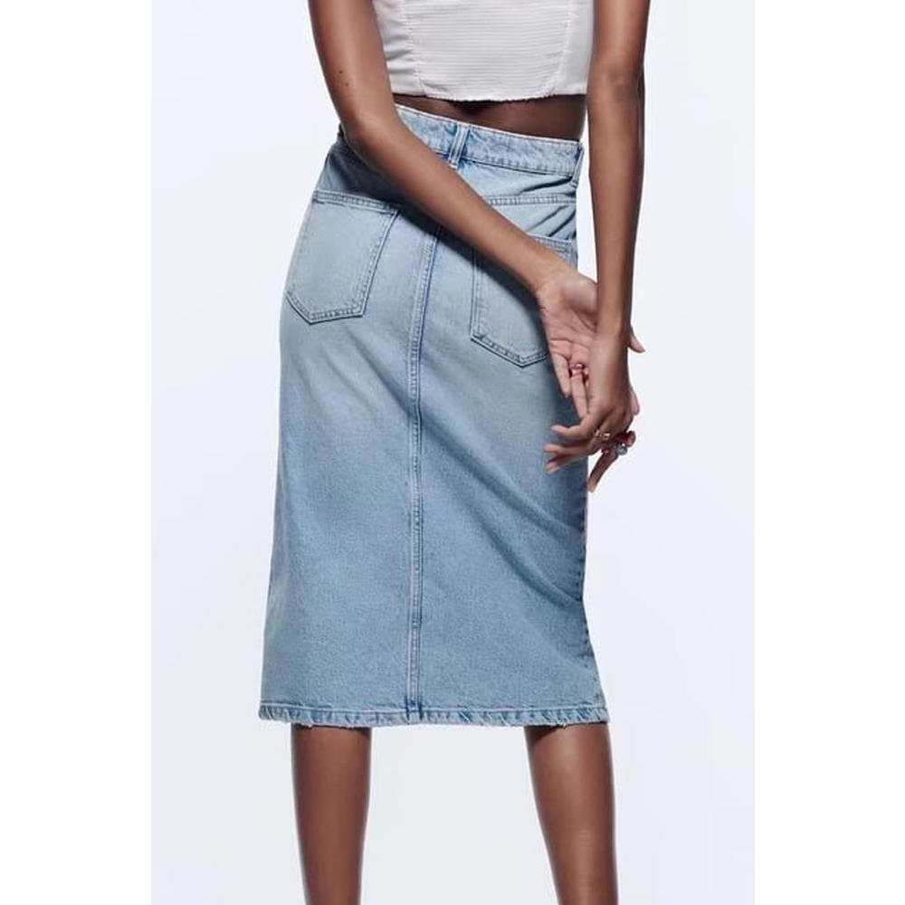 Ketty More Women Summer Mid-Length Restful High Waist Slit Styled Summer Convinient Denim Skirt