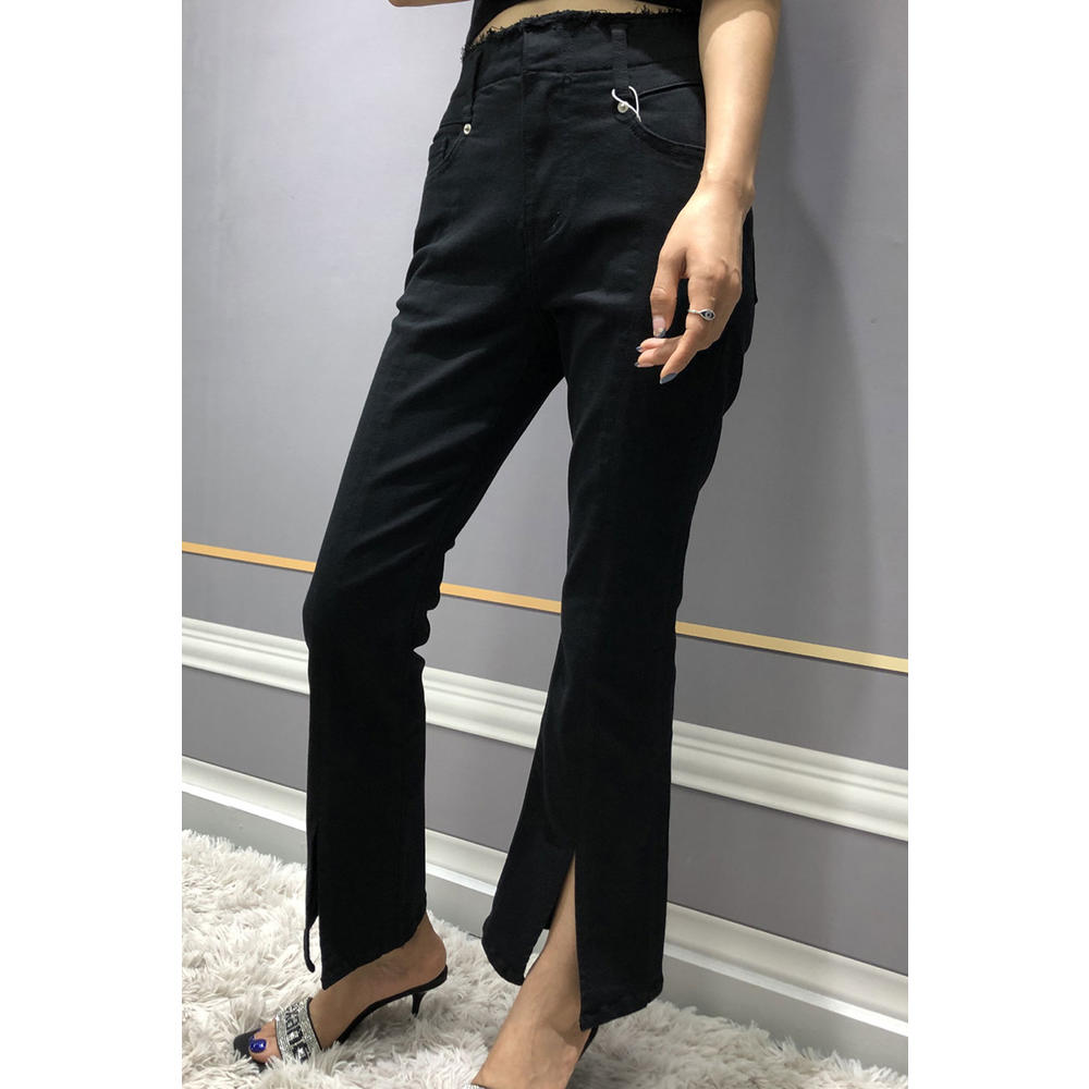 Ketty More Women Splendid Solid Colored Easy High Waist Pockets Styled Slit Wide Ankle Summer Casual Jeans