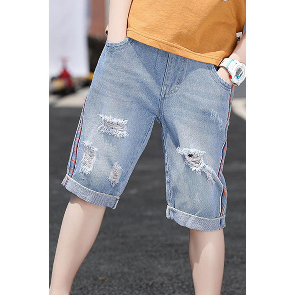 Ketty More Kids Boys Ripped Styled Fantastic Solid Colored Summer Relaxed Fit Casual Denim Short
