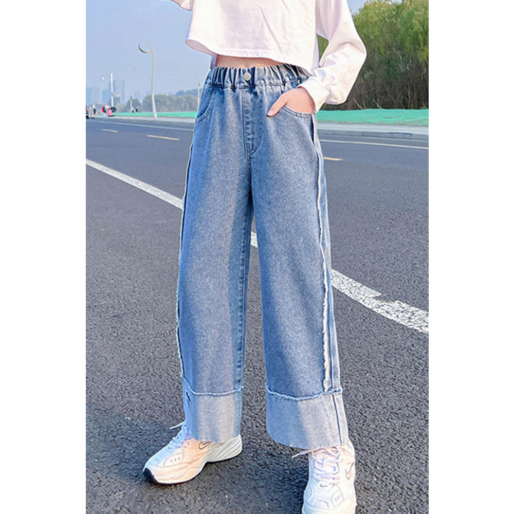 KettyMore Kids Girls Restful & Stretchable Elasticated Mid-Waist Straight Wide-Legs Weekend Denim Jeans