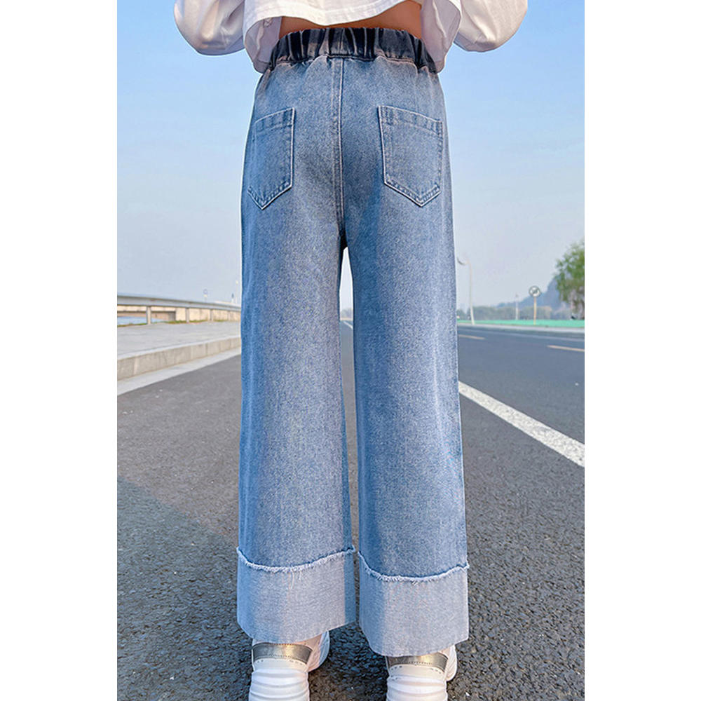 KettyMore Kids Girls Restful & Stretchable Elasticated Mid-Waist Straight Wide-Legs Weekend Denim Jeans