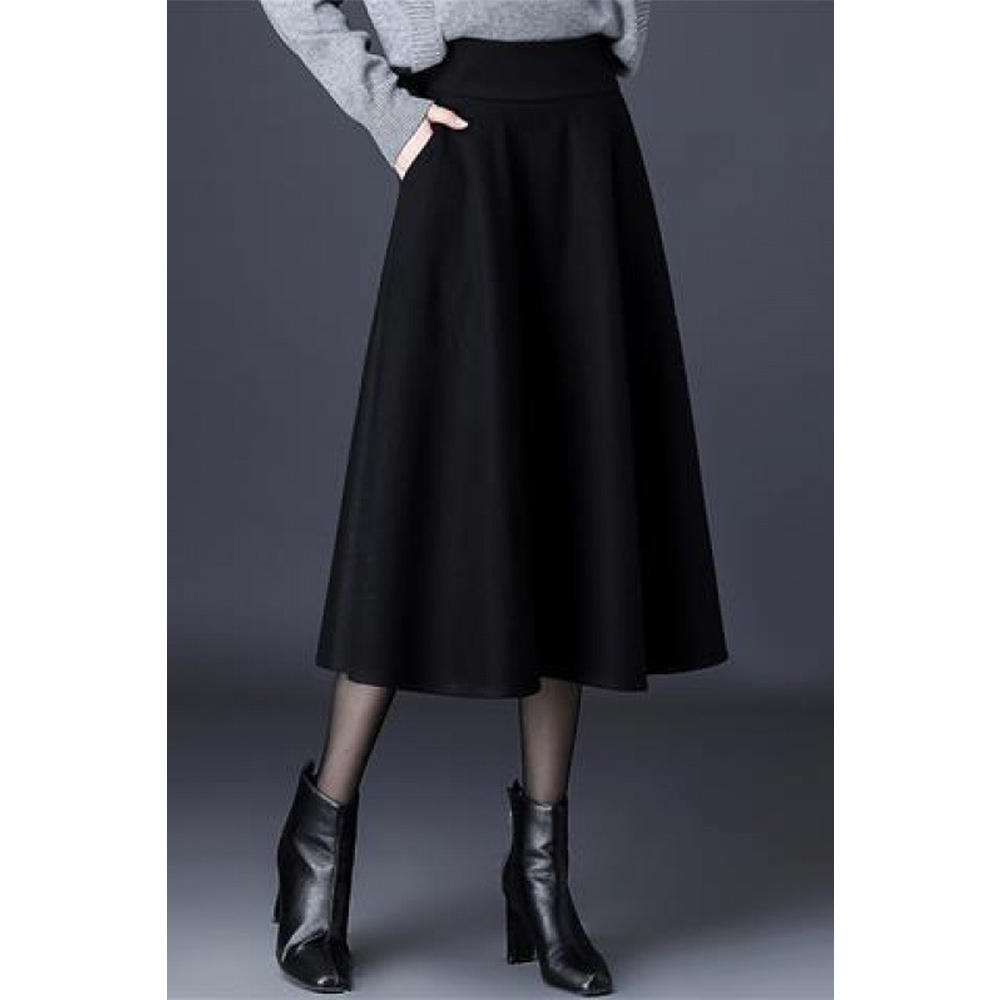 KettyMore Women Flared Side Pockets Solid Pattern High Waist Warm &Thick Fabulous Casual Skirt