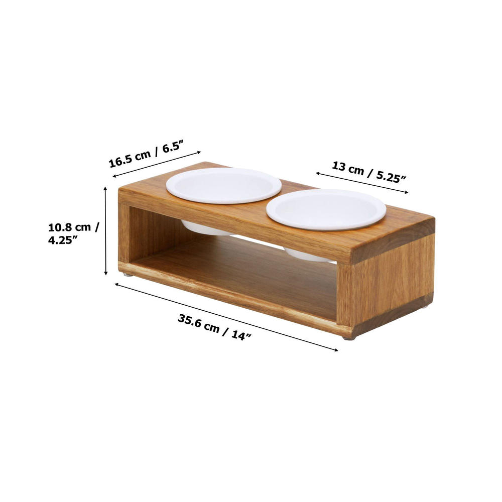 Teamson Pets Billie Small Elevated Pet Dog Cat Feeder with Double Ceramic Bowls and Anti Slip Acacia Wood Stand