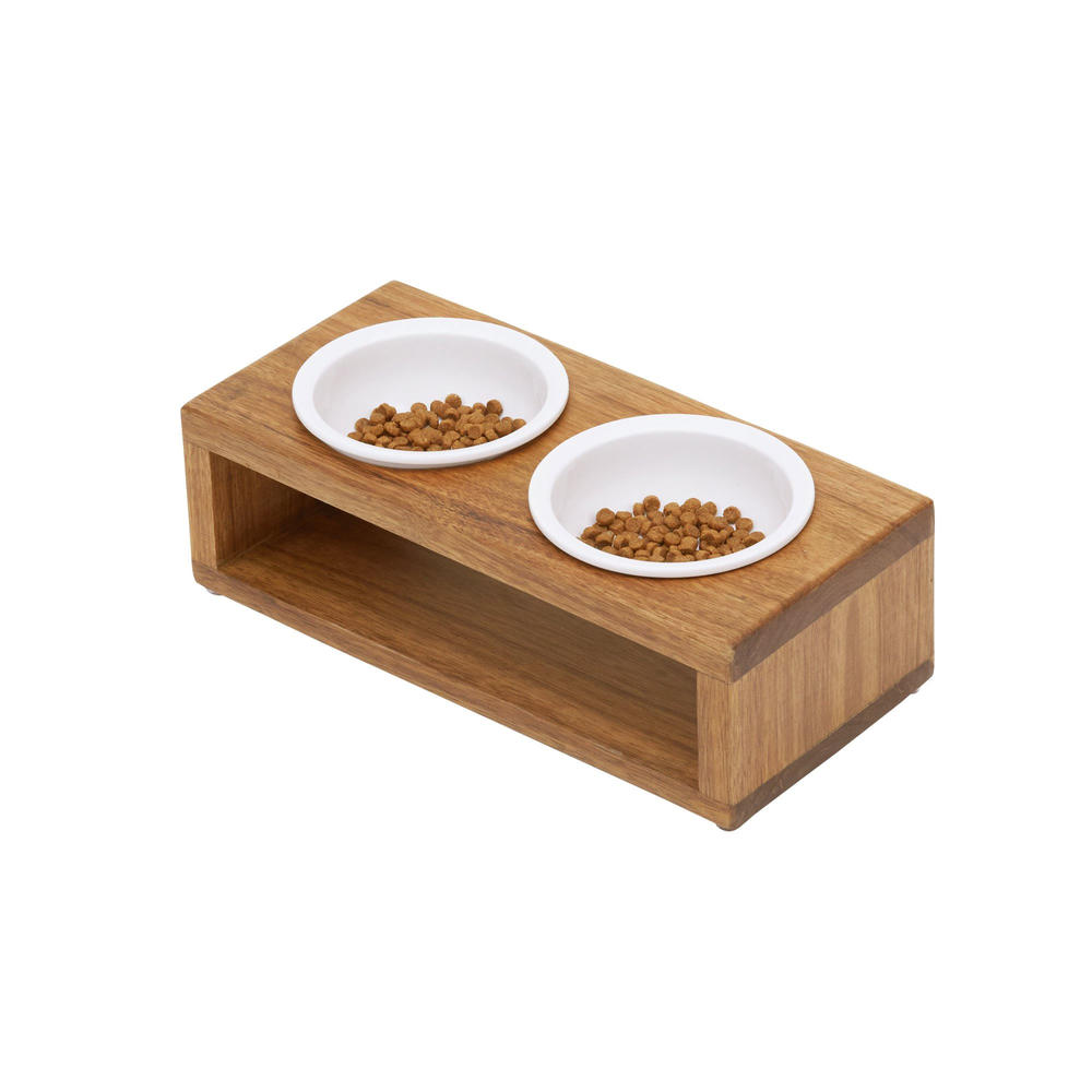 Teamson Pets Billie Small Elevated Pet Dog Cat Feeder with Double Ceramic Bowls and Anti Slip Acacia Wood Stand