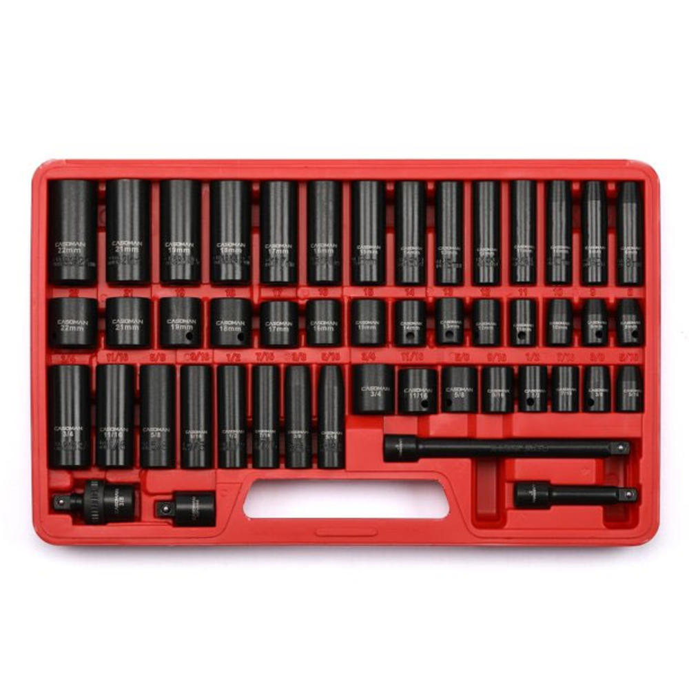 CASOMAN 3/8" Drive Impact Socket Set, 48 Piece Standard SAE and Metric Sizes (5/16-inch to 3/4-inch and 8-22 mm), 6 Point, Cr-V Steel