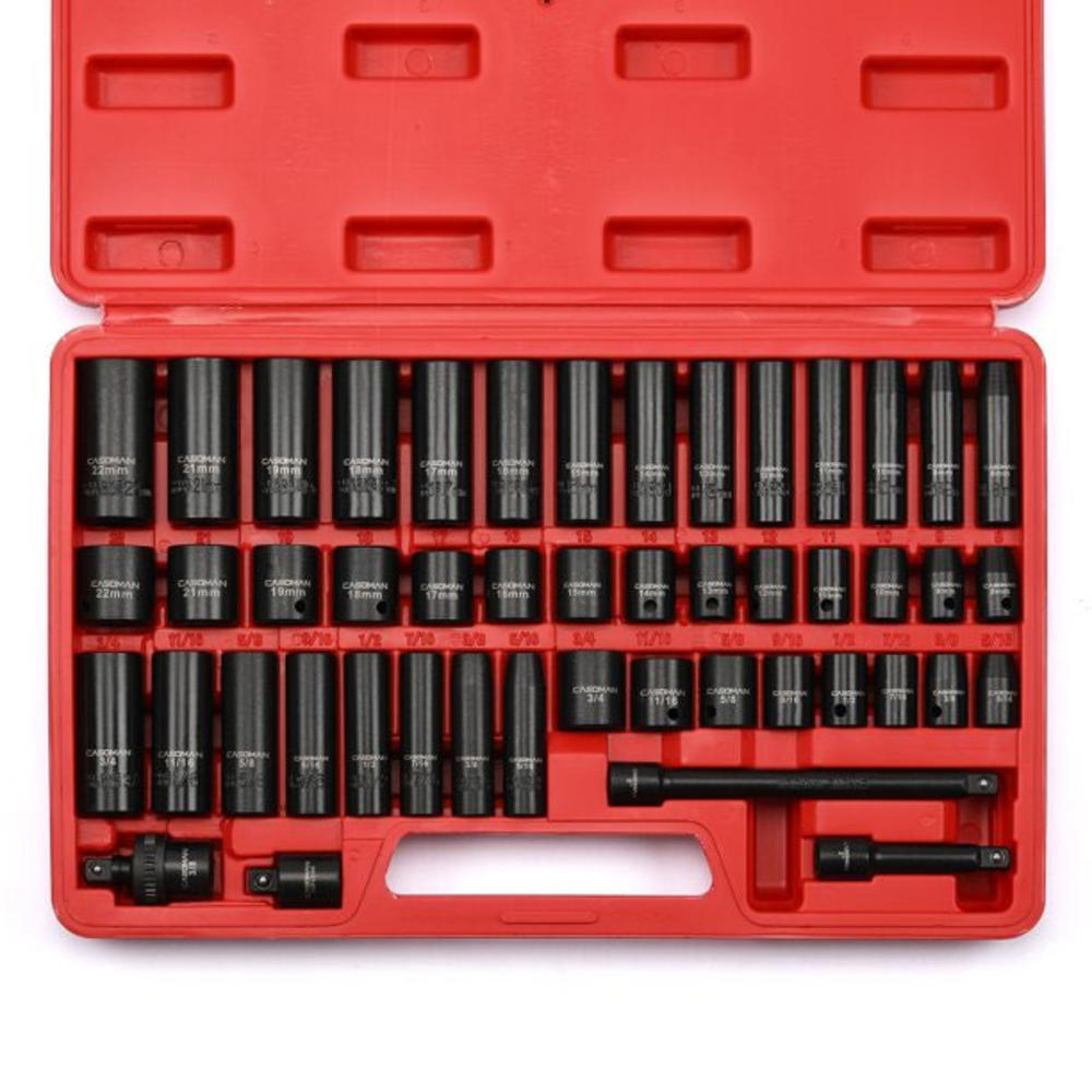 CASOMAN 3/8" Drive Impact Socket Set, 48 Piece Standard SAE and Metric Sizes (5/16-inch to 3/4-inch and 8-22 mm), 6 Point, Cr-V Steel