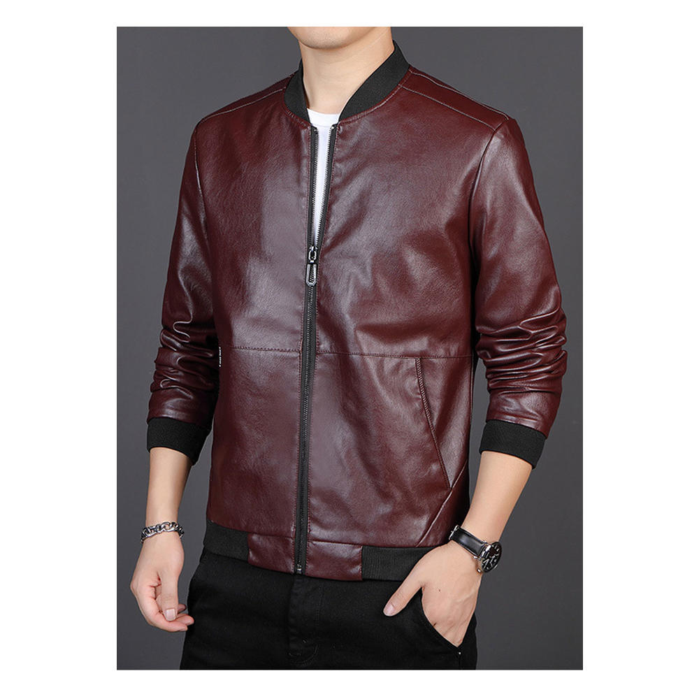 Ketty More Men Thoughtful Contrast Stand Collar Ribbed Cuff & Hem Side Zippered Pocket & Zippered Closure Light Leather Jacket