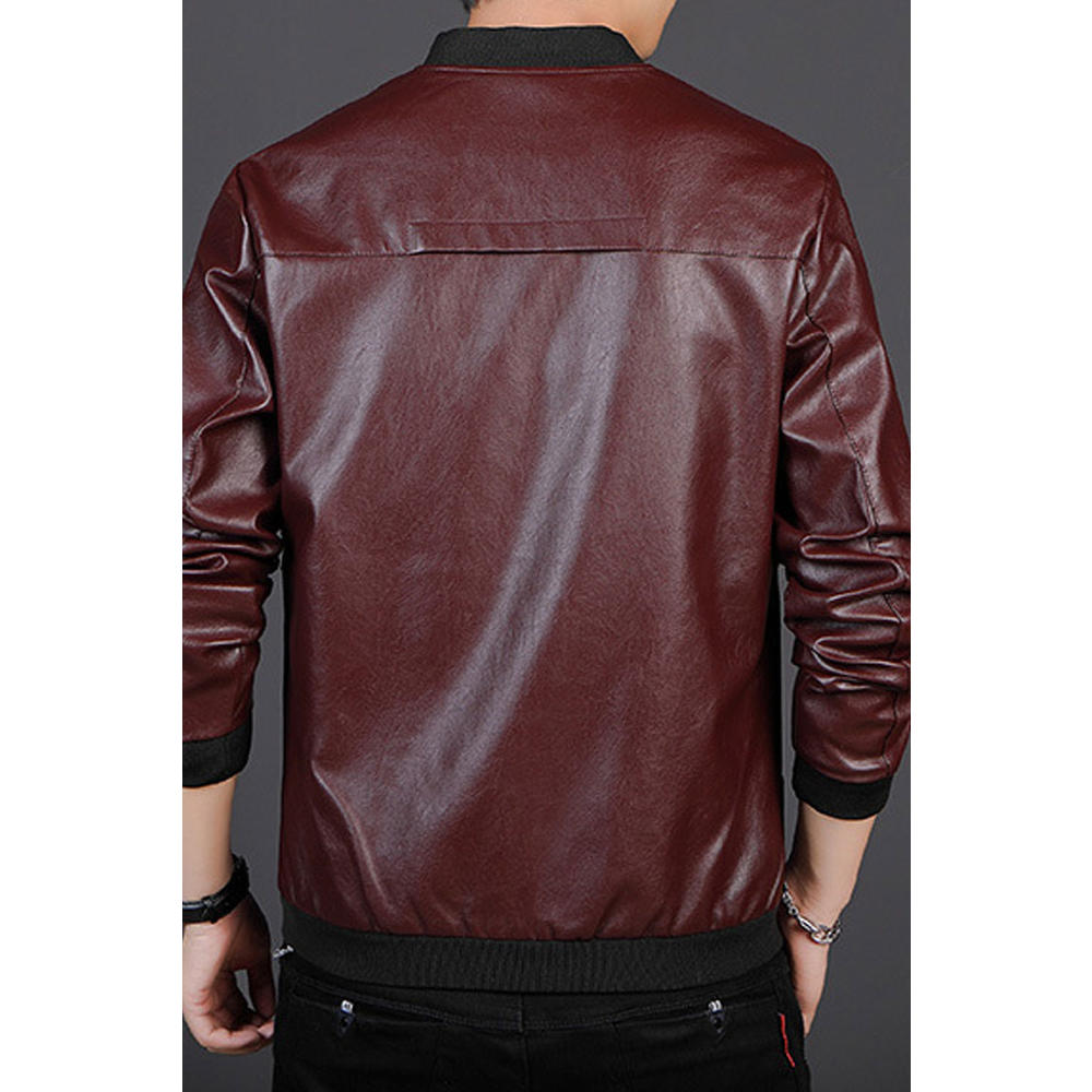 Ketty More Men Thoughtful Contrast Stand Collar Ribbed Cuff & Hem Side Zippered Pocket & Zippered Closure Light Leather Jacket