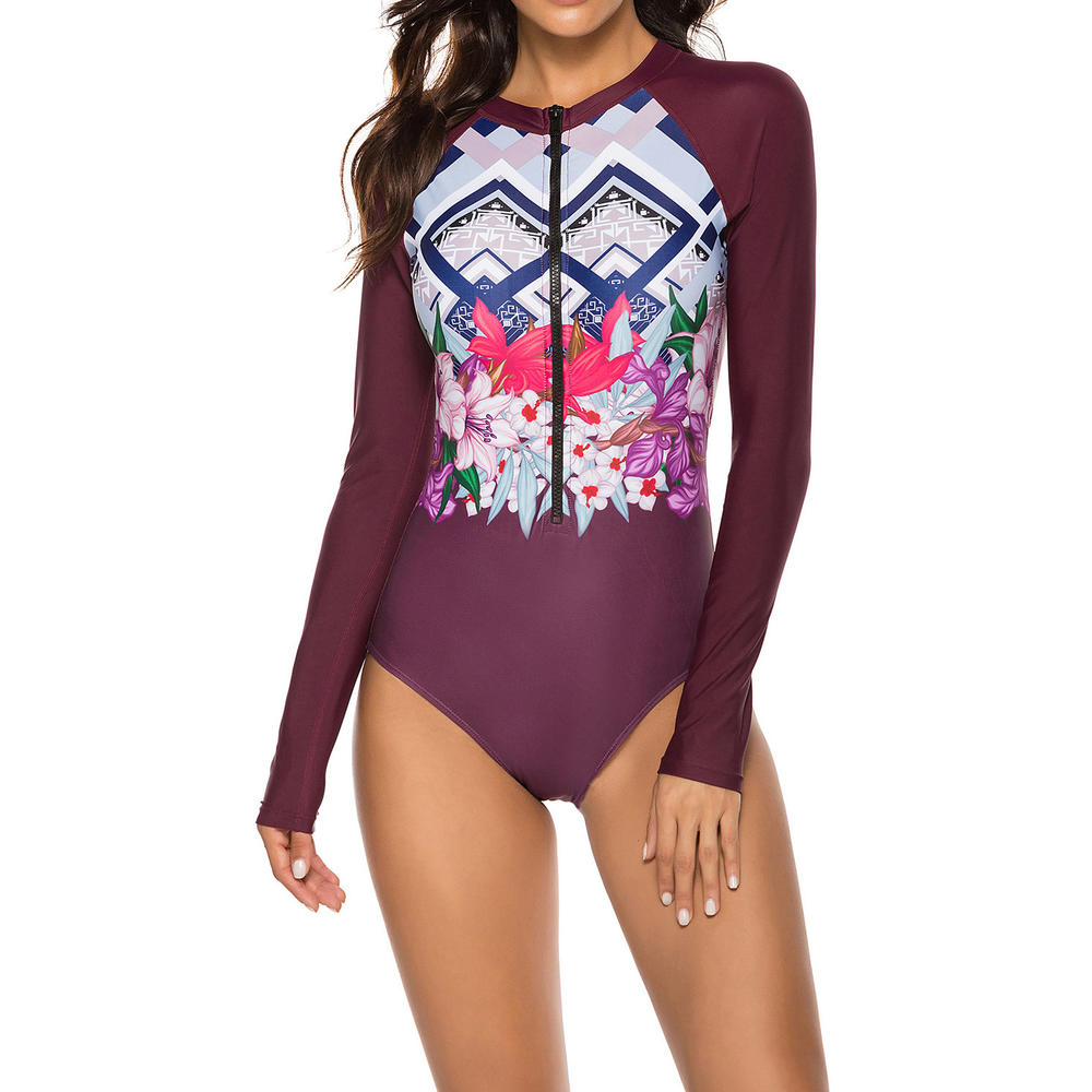 Ketty More Women's Long Sleeve Rash Guard UV Protection Zipper Printed Surfing One Piece Swimsuit