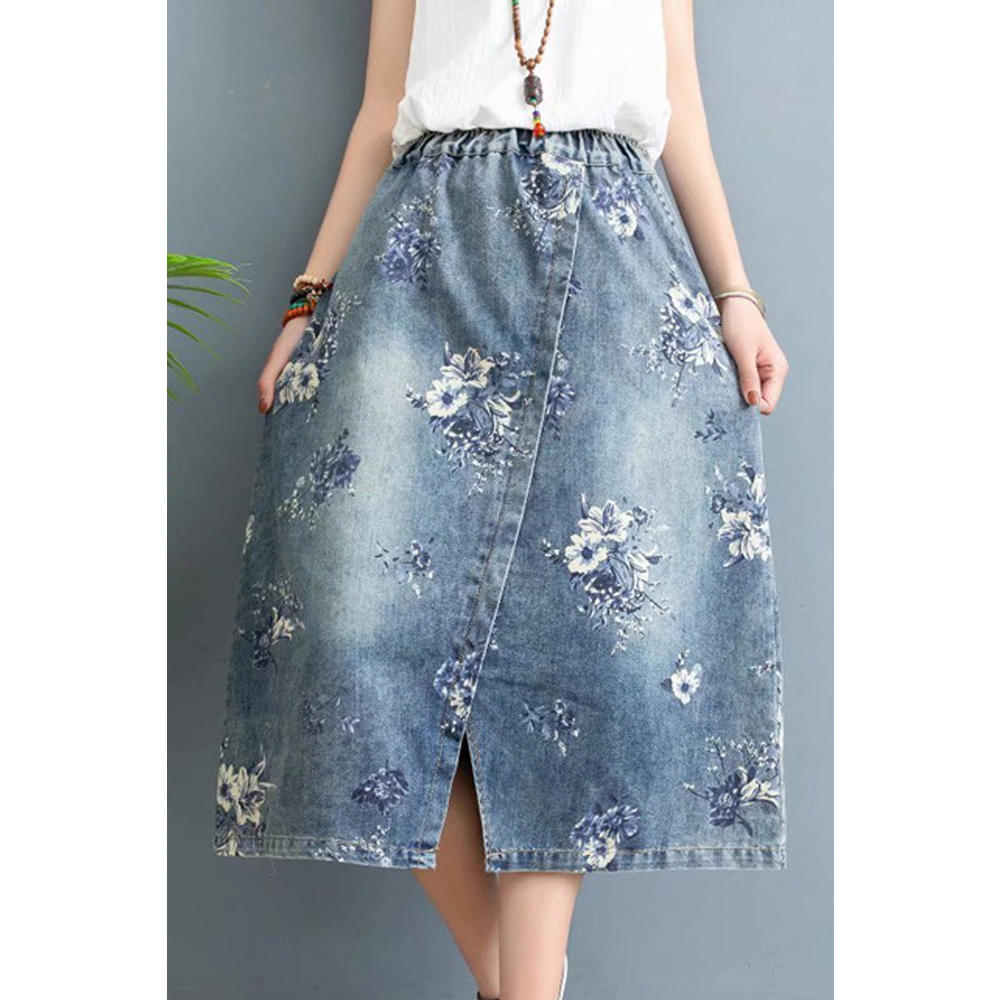 Ketty More Women Elasticated Waist Loose Fashionable Flower Printed Denim Skirt