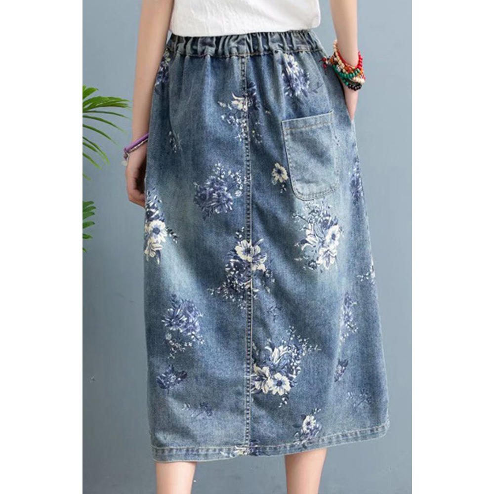 Ketty More Women Elasticated Waist Loose Fashionable Flower Printed Denim Skirt