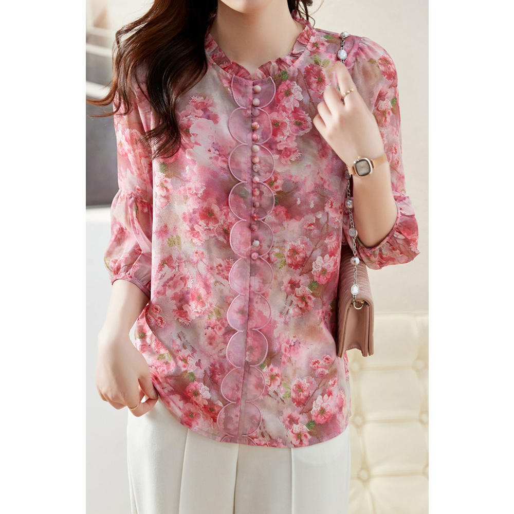 Ketty More Women New Fashion Beautiful Stand-up Collar Three Quarter Sleeves Lace+Button+Stitching+ Floral Printing+Embroidery Comfortable