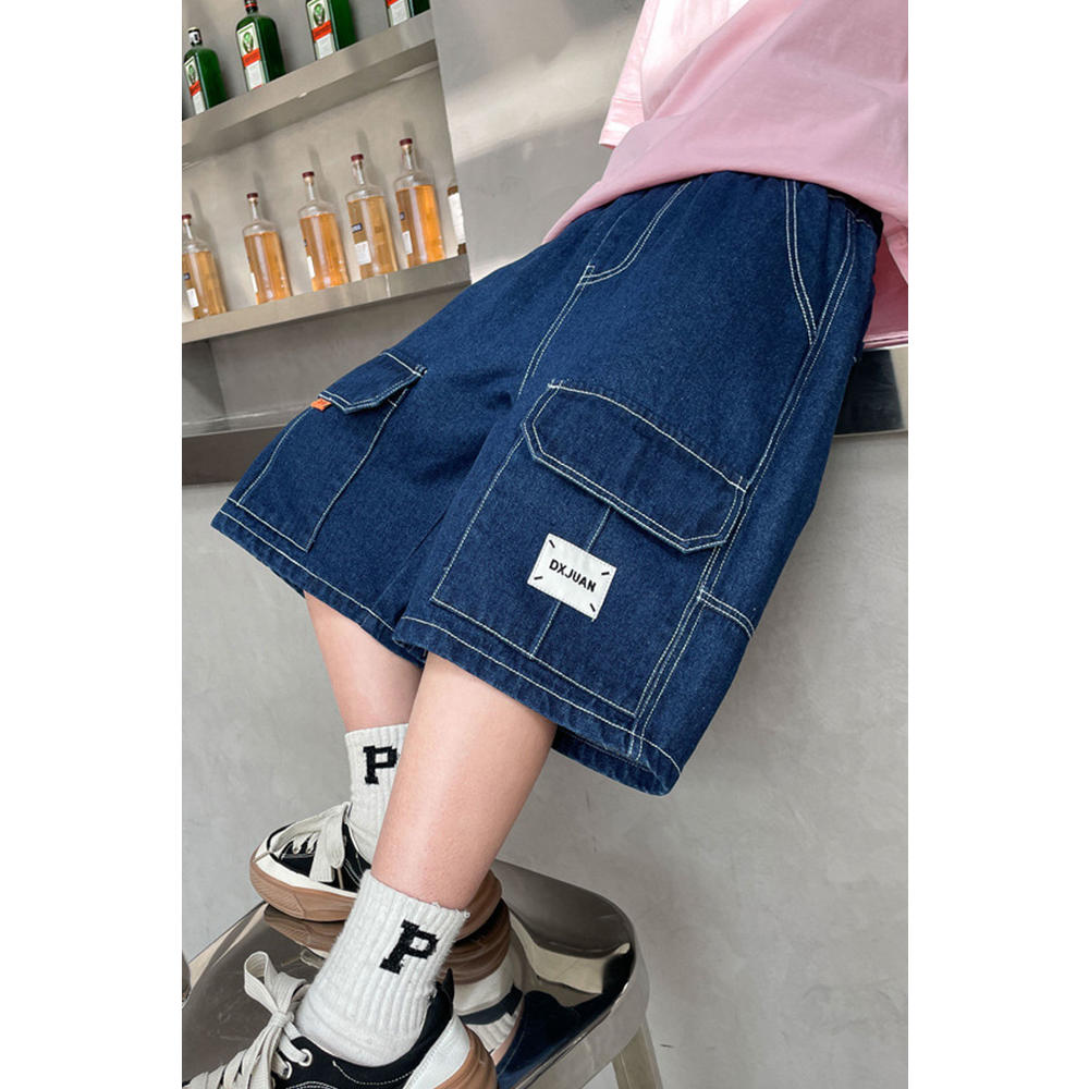 Ketty More Kids Boys New Fashion Middle Waist Elastic Belt Solid Color Summer Casual Trendy Denim Cropped Pants Cargo Jeans Shorts
