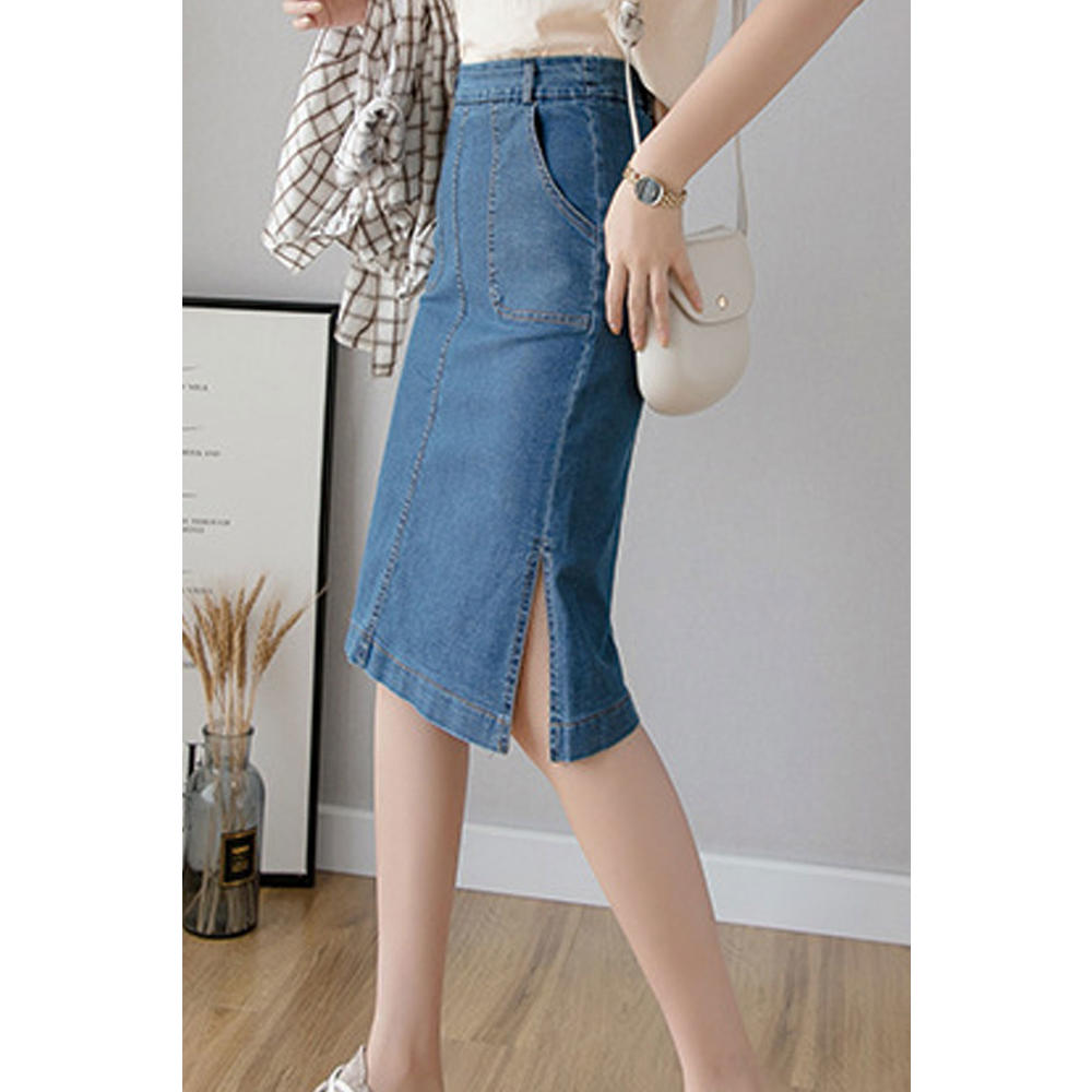 KettyMore Women Trendy Mid Length Solid Pattern Pocket Style Denim Skirt