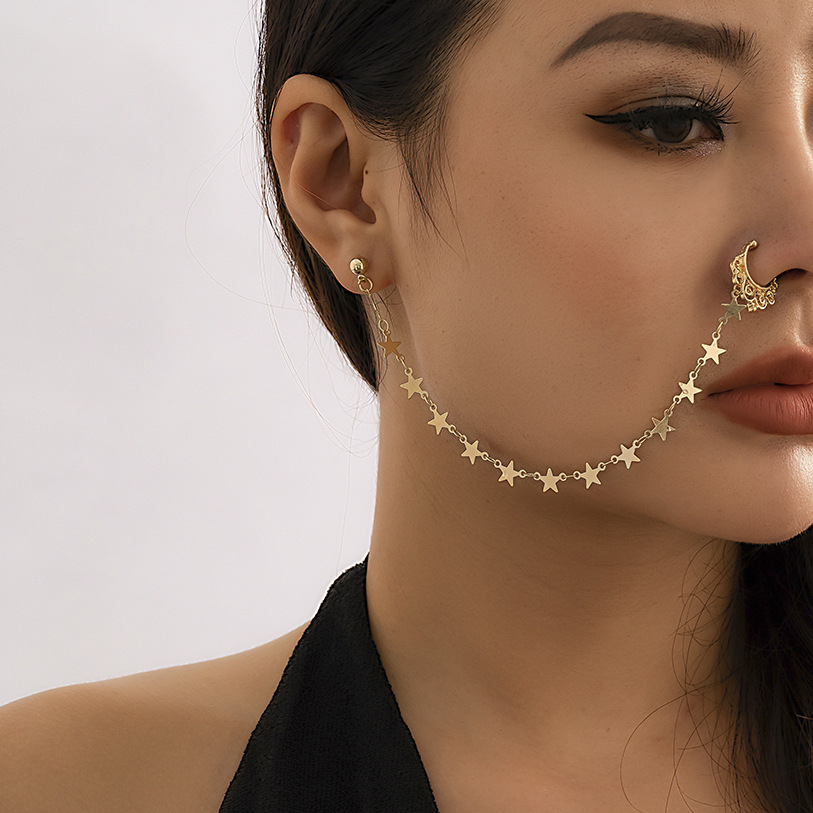 Kim Thomas Piercing Nose Clip for Women Creative Pearl Star Leaf Tassel Chain Earring Bohemia Nose Clips Jewelry Accessories