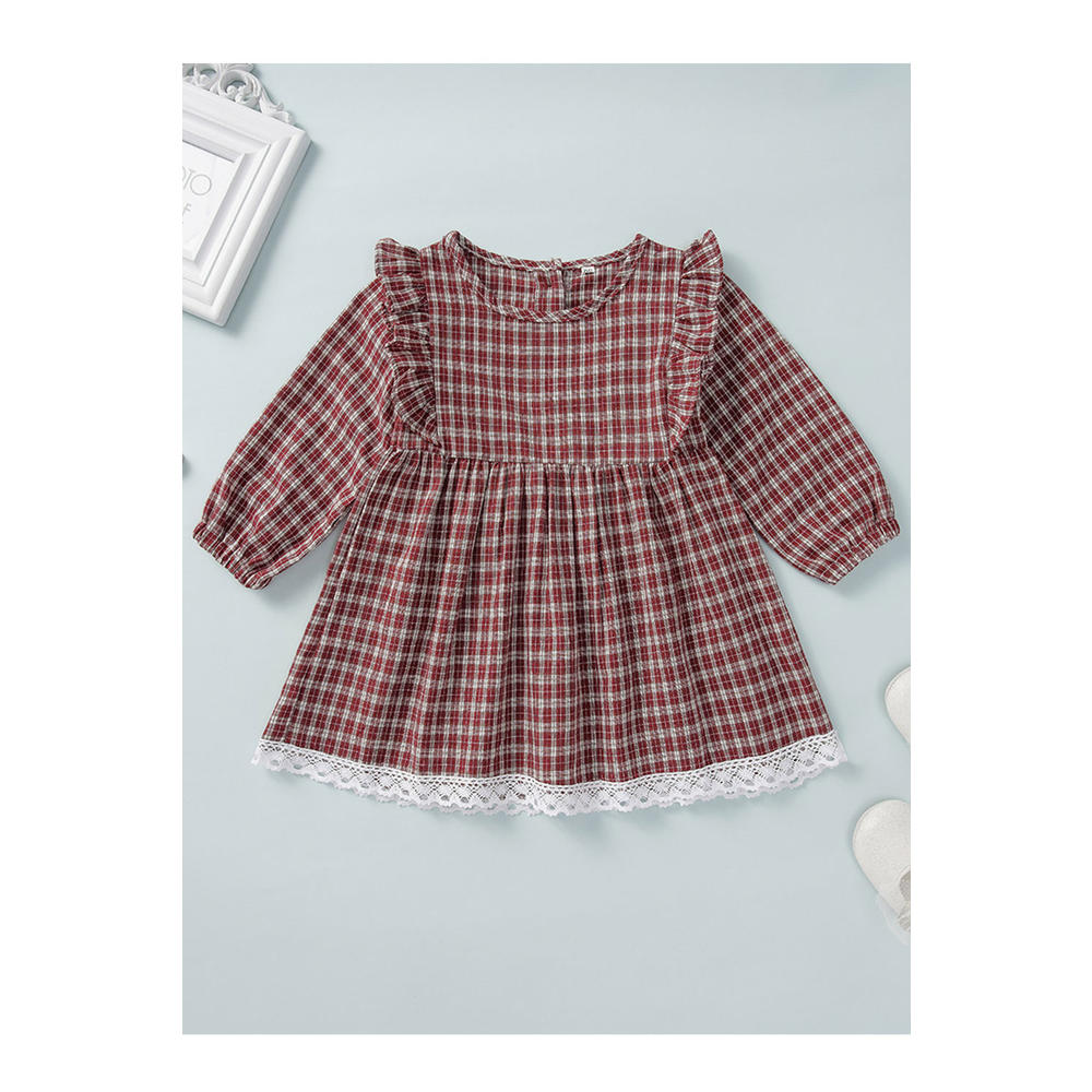 Jhon Peters Baby Girls Trim Lace Plaid Design Pleated Casual Dress
