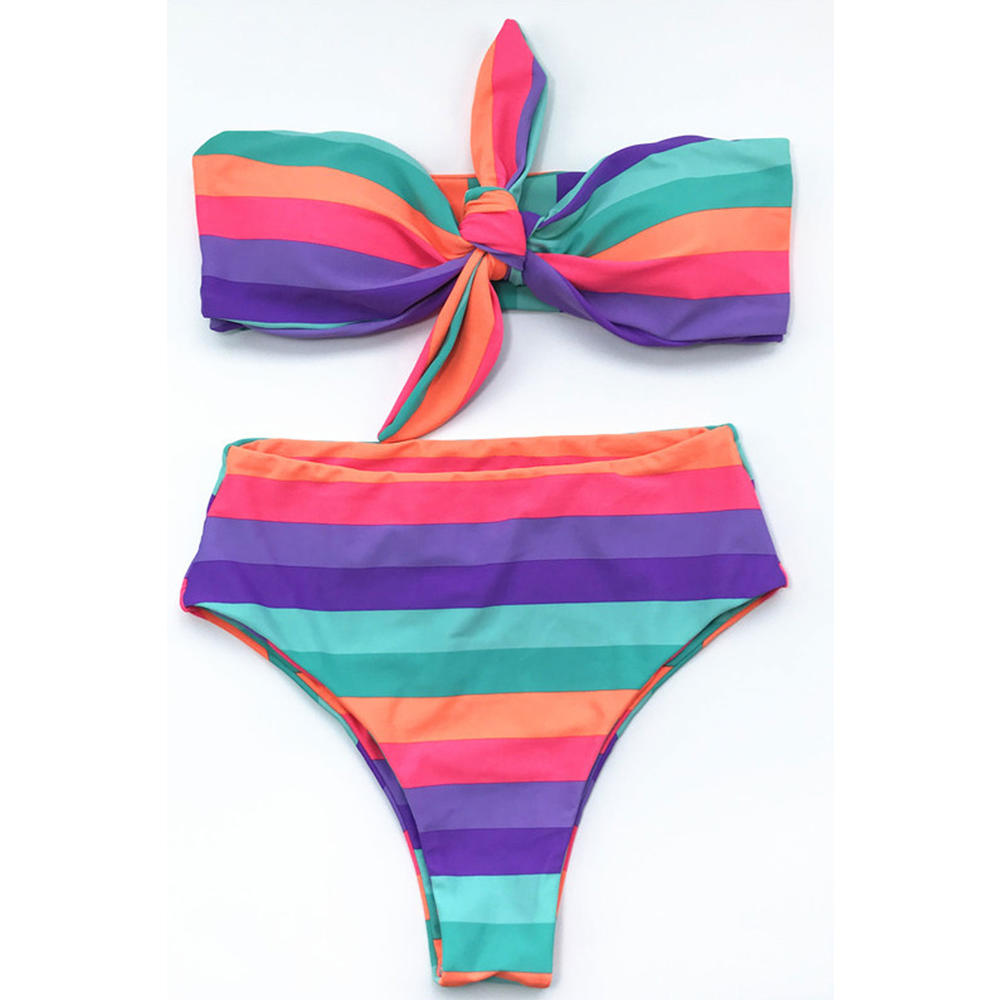 TOMCARRY Women Colorful Stripes Tie Know Classics Swimsuit Set