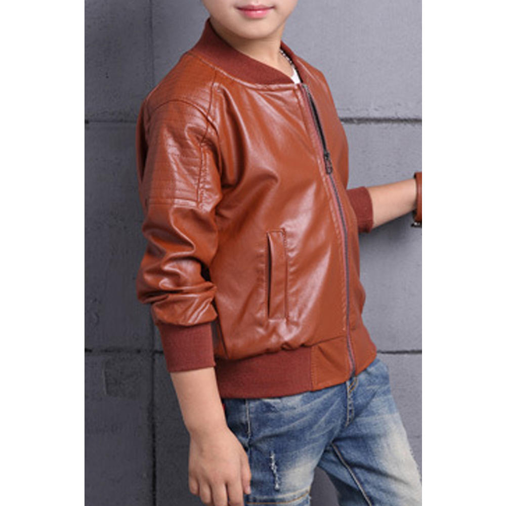 Jhon Peters Kids Boys Ribbed Cuff Round Neck Easy Zipper Style Breathable Leather Jacket