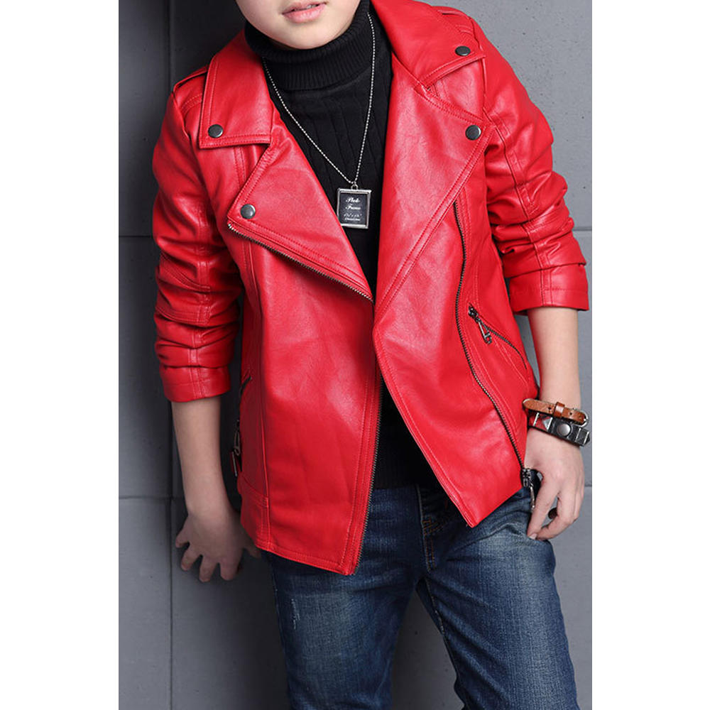 Jhon Peters Kids Boys Elegant Solid Colored Collar Neck Cute Leather Jacket