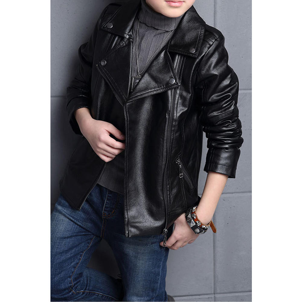 Jhon Peters Kids Boys Elegant Solid Colored Collar Neck Cute Leather Jacket