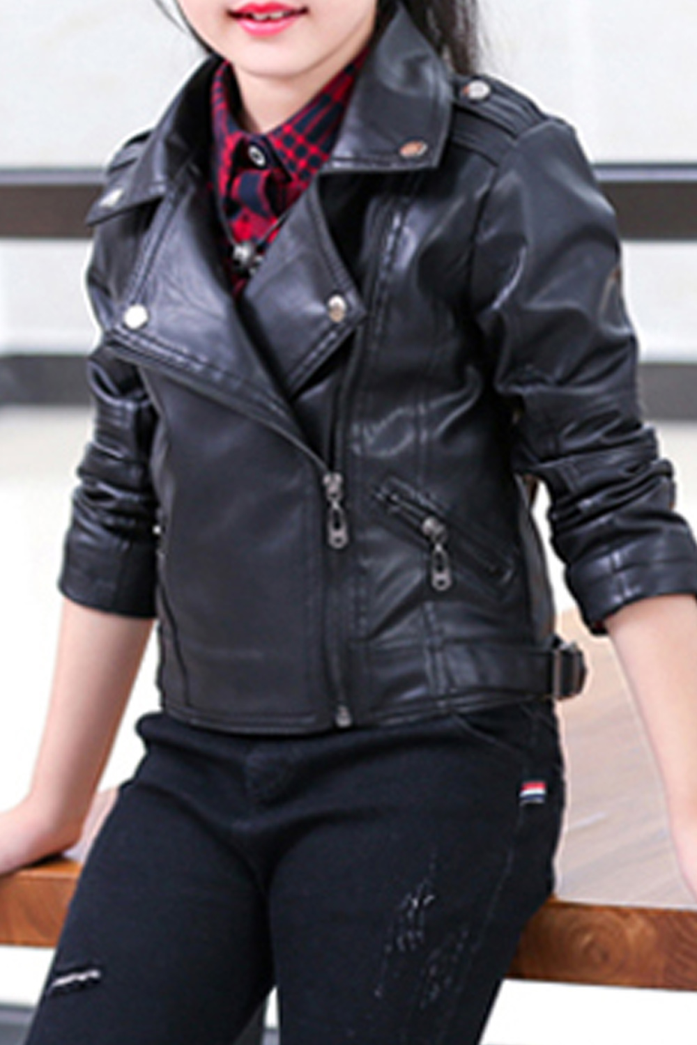 Jhon Peters Kids Girls Warm Long Sleeve Charming PU Leather Jacket