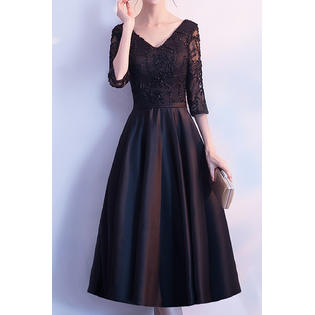 Jhon Peters Women V-Neck Elbow Sleeve Solid Colored Wedding Party Dress, Black