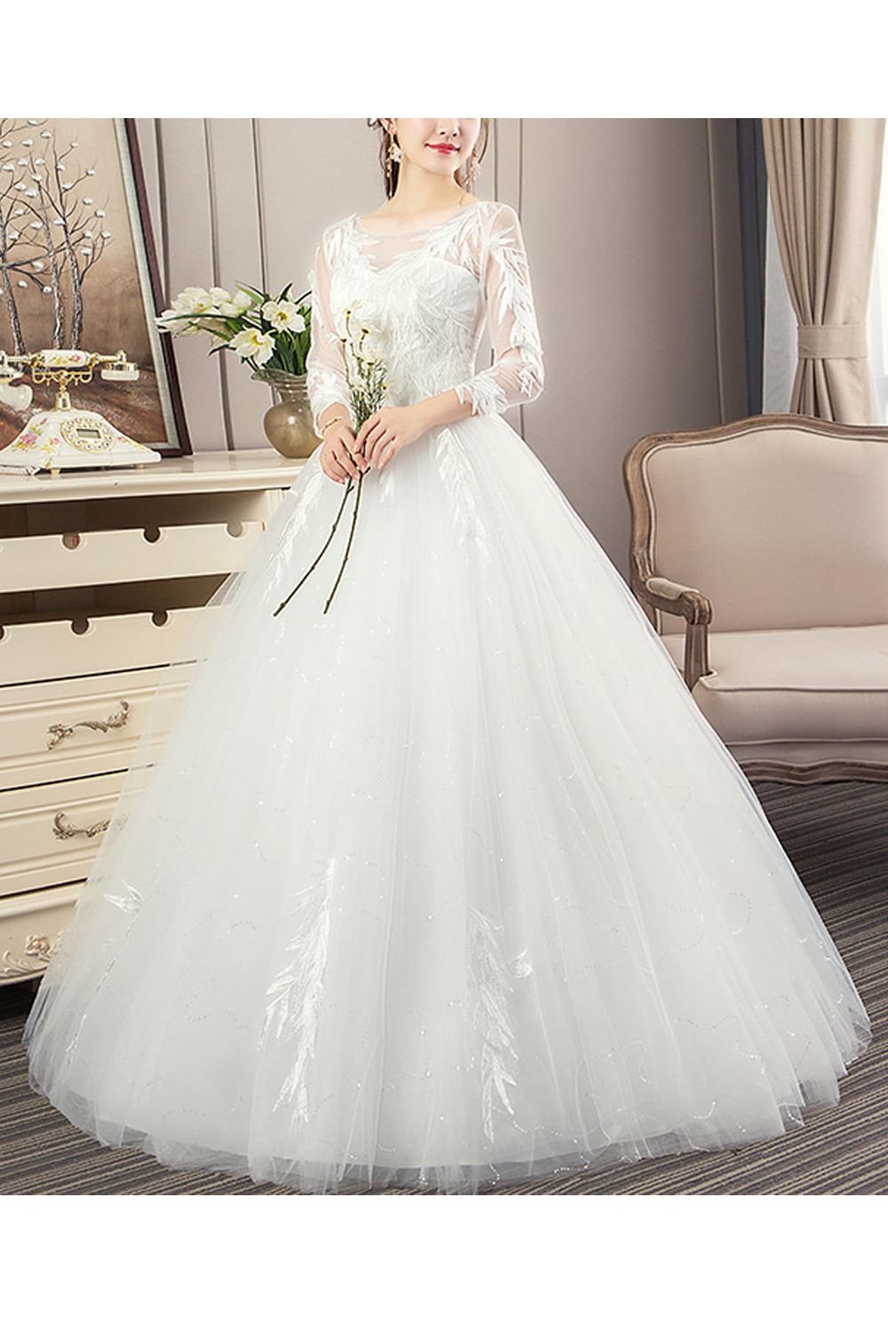 knee length dresses for ladies Modest Solid White A-Line Split Front Wedding Dress Elegant Simple Cas –  DorrisDress main image 0