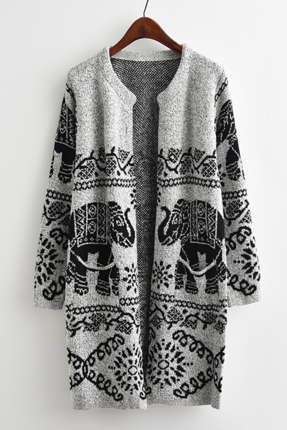 KettyMore Women Round Neck Elephant Printed Loose Warm Knit Cardigan