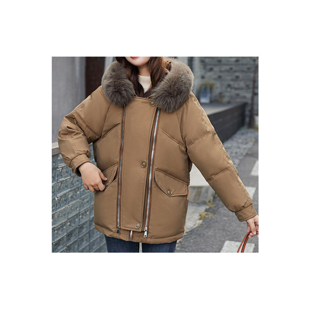 Jhon Peters Women Splendid Solid Colored Zipper Closure Cozy Long Sleeve Winter Fur Hat Neck Winter Casual Padded Jacket