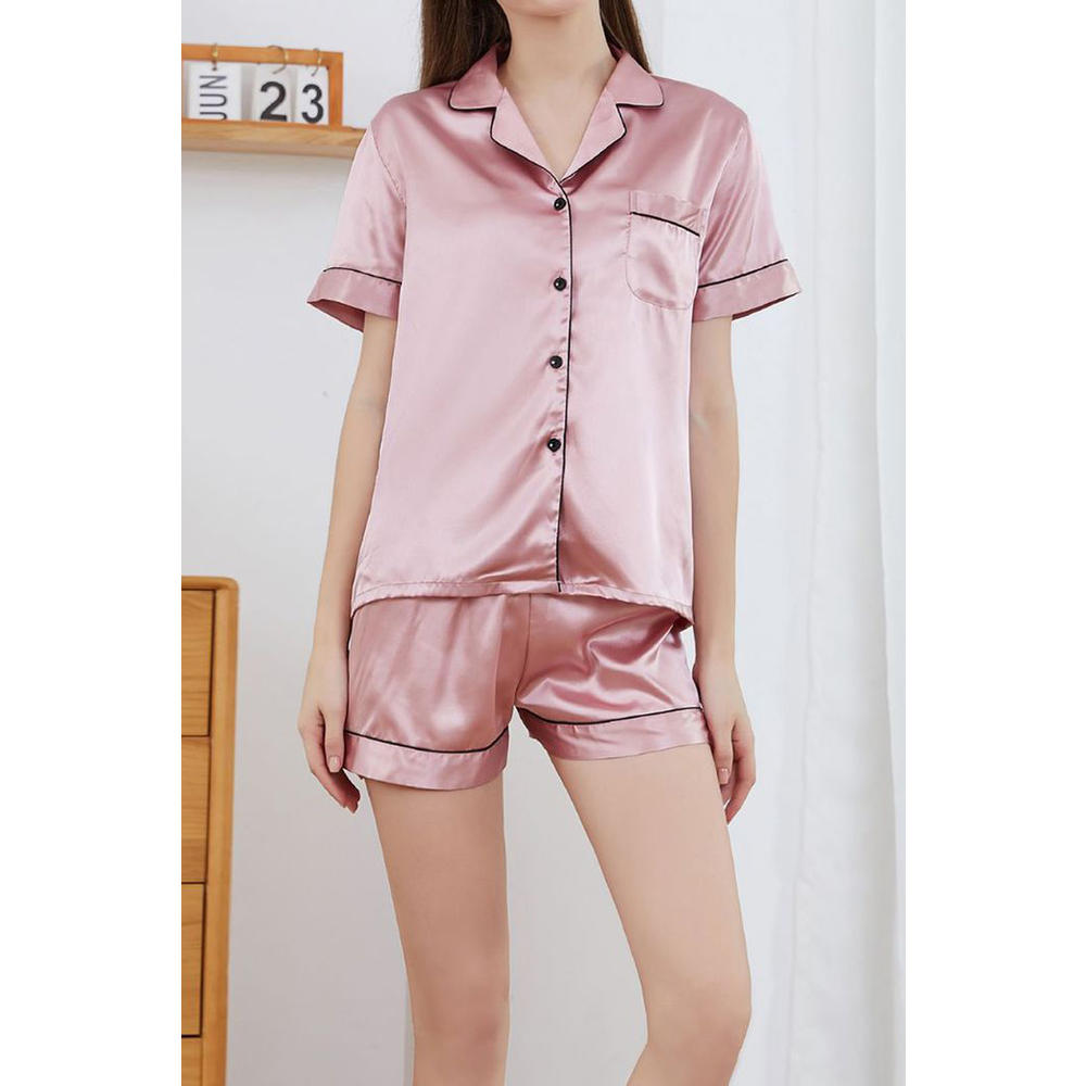 Jhon Peters Women Pretty Solid Colored Thin Short Sleeve Easy Collar Neck Button Closure Summer Two Piece Sleeping Dress