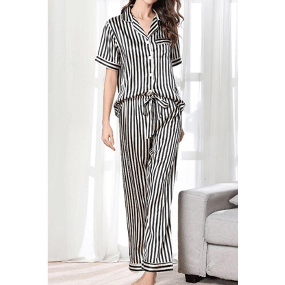 TOMCARRY Women Lovely Striped Pattern Thin Short Sleeve Superb Collar Neck Button Closure Two-Piece Sleeping Dress