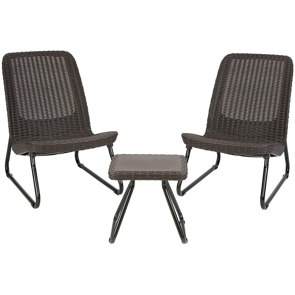 Keter Resin Wicker Patio Furniture Set with Side Table and Outdoor Chairs, Dark Grey