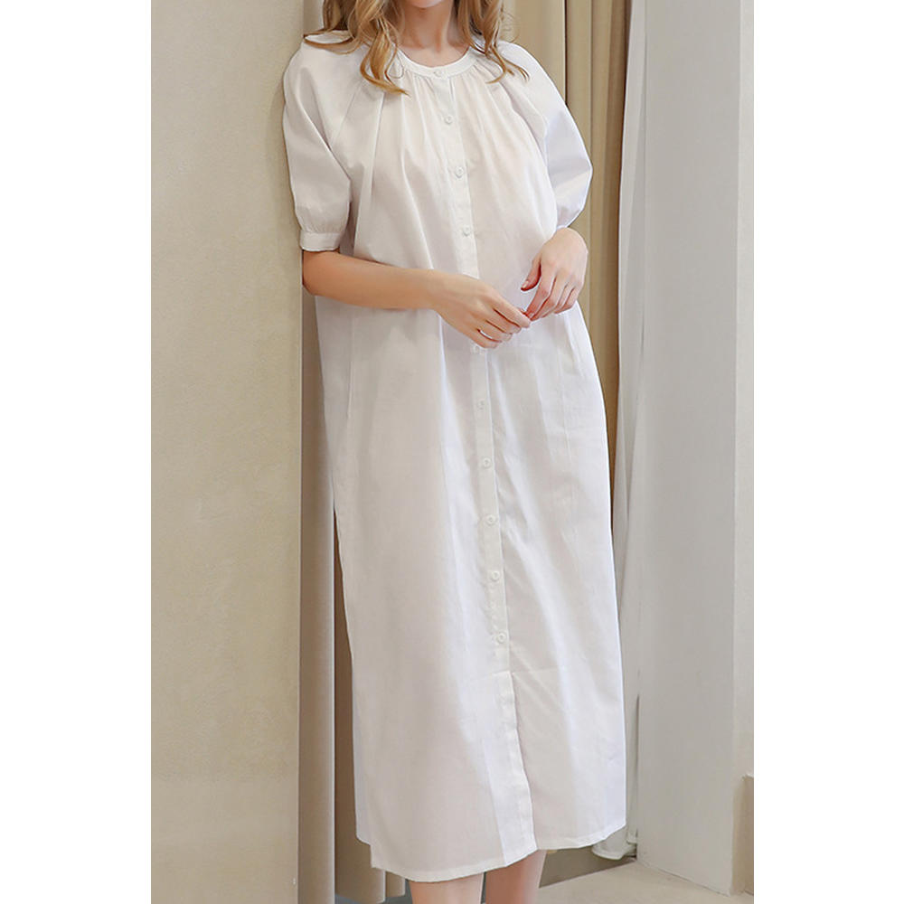 Jhon Peters Women Easy Round Neck Splendid Solid Colored Thin Short Sleeve Button Closure Mid-Length Sleeping Dress