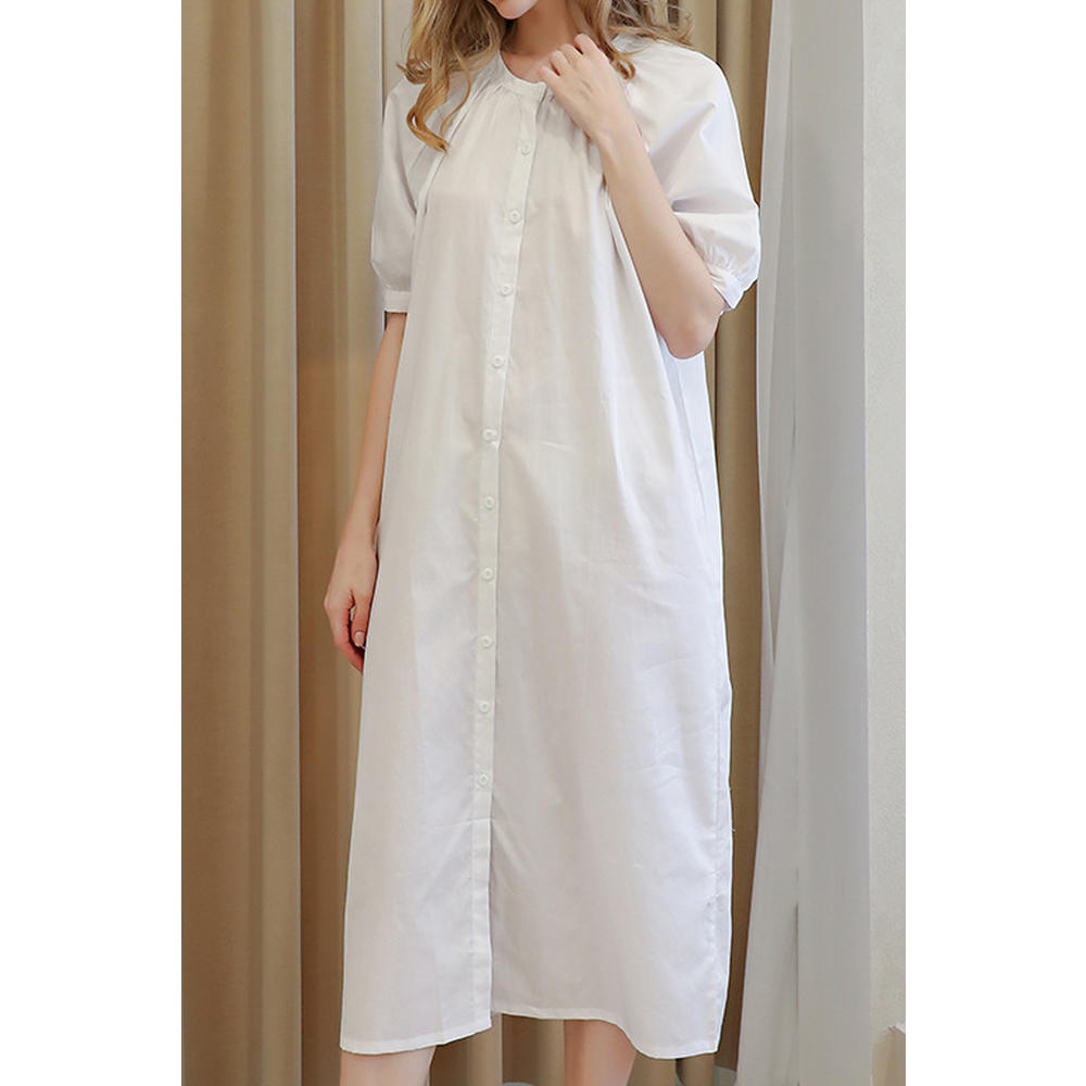 Jhon Peters Women Easy Round Neck Splendid Solid Colored Thin Short Sleeve Button Closure Mid-Length Sleeping Dress