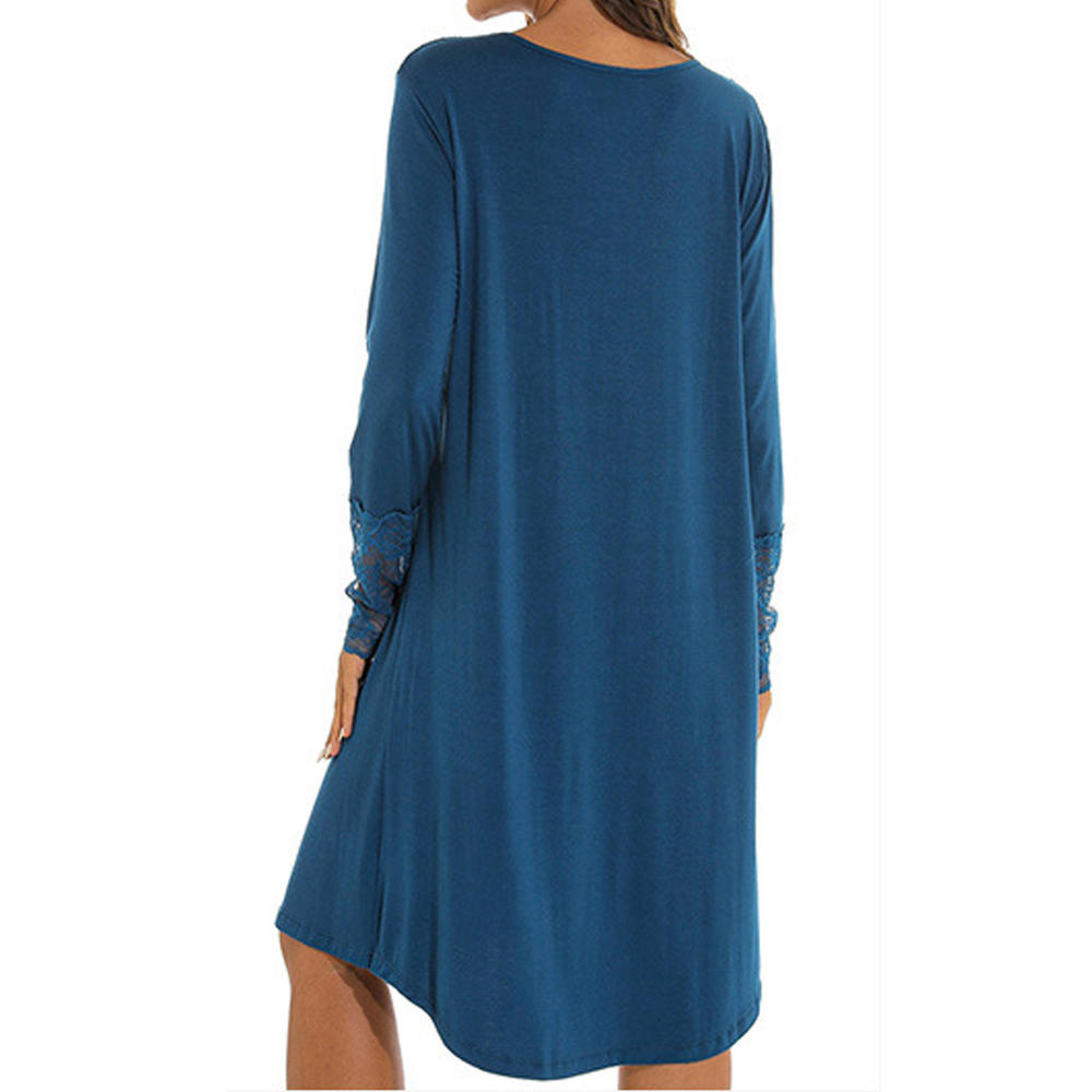 Jhon Peters Women Elegent Solid Colored Relax Fit Long Sleeve Round Neck Pullover Summer Sleeping Dress
