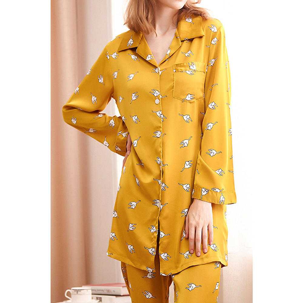Jhon Peters Women Reliable Long Sleeve Magnificent Printed Pattern Peaceful Collar Neck Two-Piece Sleeping Dress