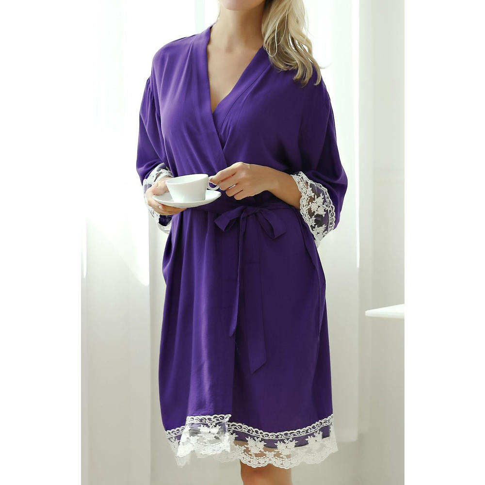 Jhon Peters Women Breathable Short Sleeve Fantastic Solid Colored Deep V-Neck Robe Waist Thin & Soft Night Gown