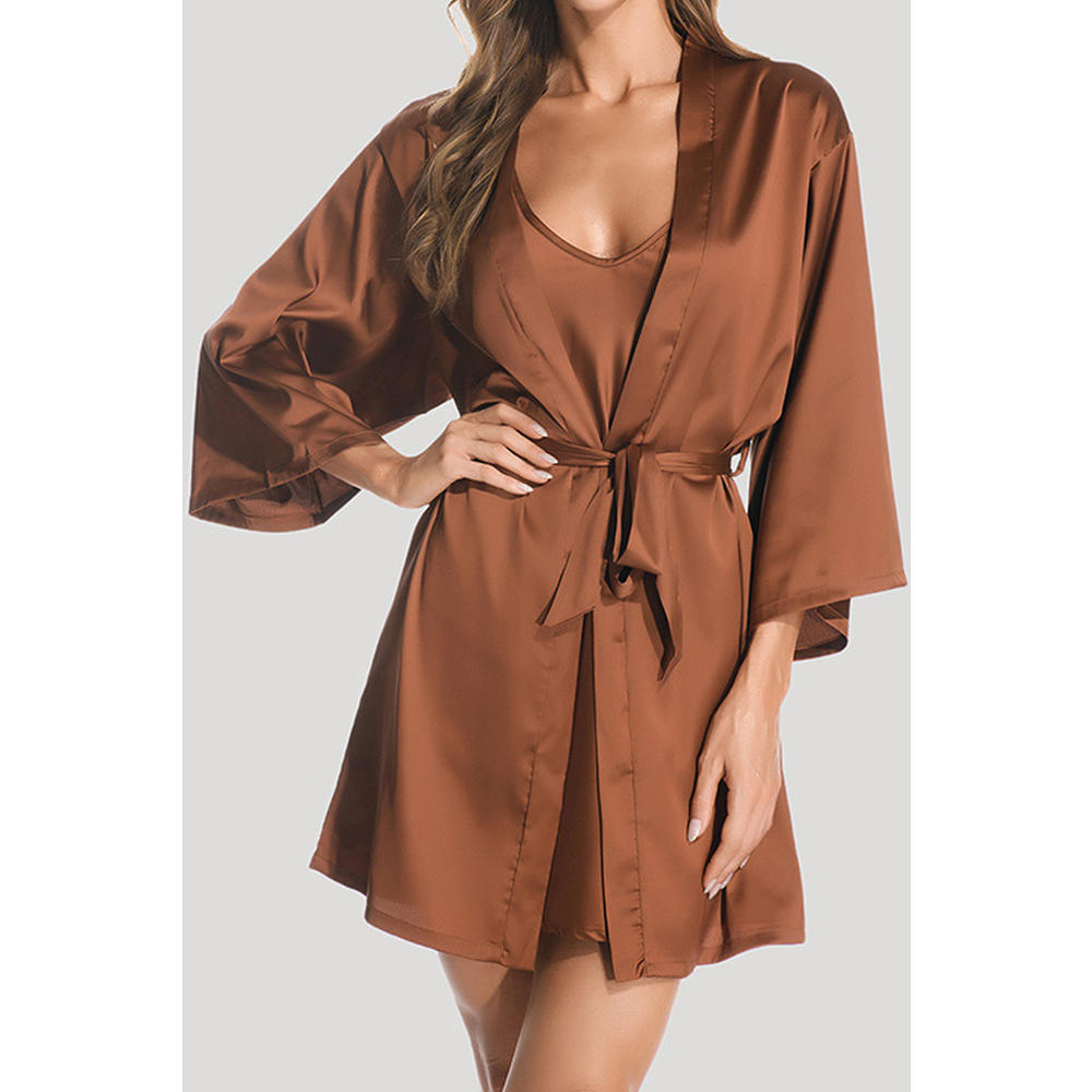 Jhon Peters Women Trendy Solid Colored Restful Long Sleeve Deep V-Neck Two-Piece Summer Night Gown